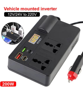 DC 12V/24V to AC 220V Converter Car Inverter 200W Voltage Detection QC 3.0 Power Adapter USB/PD/Type-C Chargers ON/OFF Switch