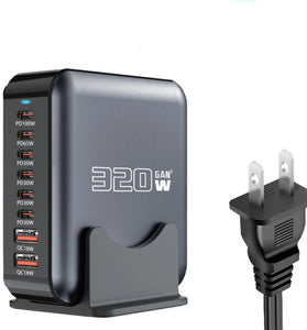 [GaN Tech] Bakeey 320W 8-Port USB PD Charger 2USB-A+6USB-C PD2.0 QC SCP FCR AFC Apple2.4 Fast Charging Desktop Charging Station for iPhone 16 16 Pro 15 14 13 Pro Max for HUAWEI for SAMSUNG for OPPO