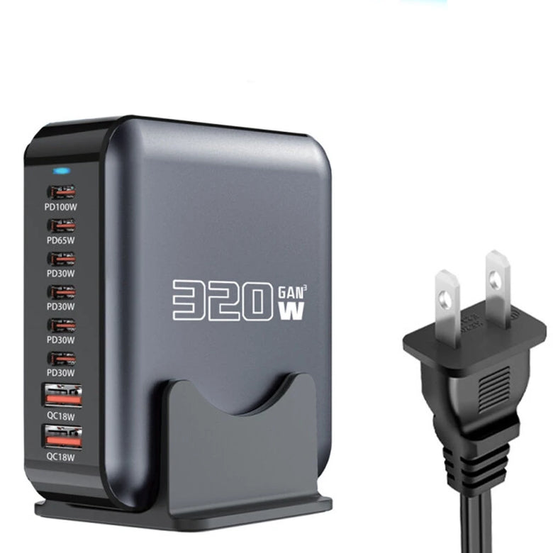 [GaN Tech] Bakeey 320W 8-Port USB PD Charger 2USB-A+6USB-C PD2.0 QC SCP FCR AFC Apple2.4 Fast Charging Desktop Charging Station for iPhone 16 16 Pro 15 14 13 Pro Max for HUAWEI for SAMSUNG for OPPO