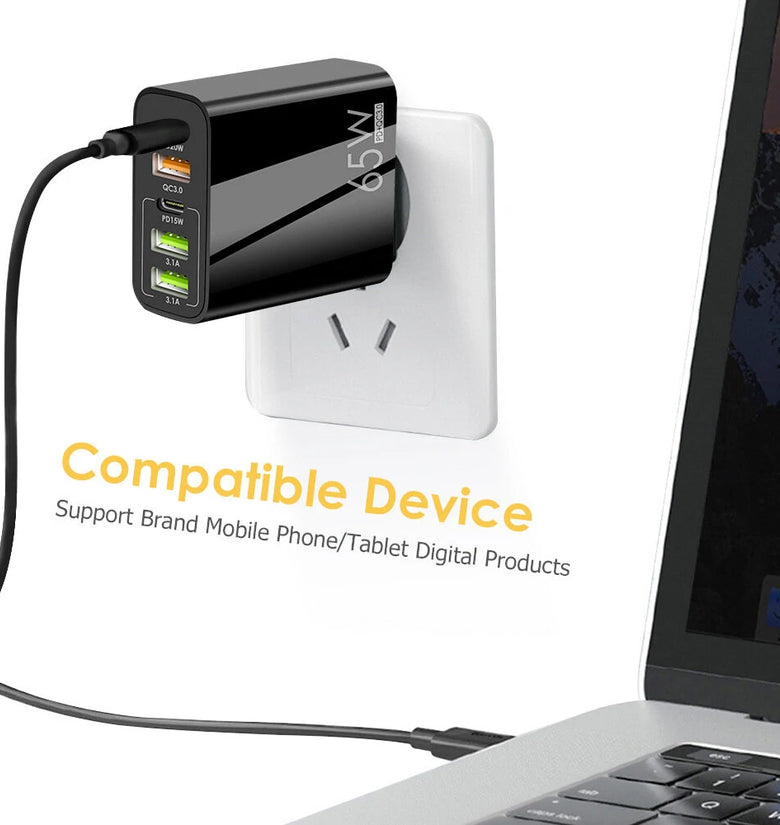 F002 65W 5-Port USB PD Charger 3USB-A+2USB-C Fast Charging Wall Charger Adapter EU Plug for iPhone 12 13 14 14 Pro for Samsung Galaxy S23 for Redmi K60 for Oppo Reno9