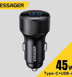 ESSAGER ES-CC21 45W 2-Port USB PD Car Charger Adapter USB-A+Type-C PD3.0 QC3.0 Support FCP AFC iP2.4 Fast Charging with Blue LED for iPhone 16 16 Pro 15 14 13 Pro Max for Huawei Pura 80 Ultra for Xiaomi for SAMSUNG
