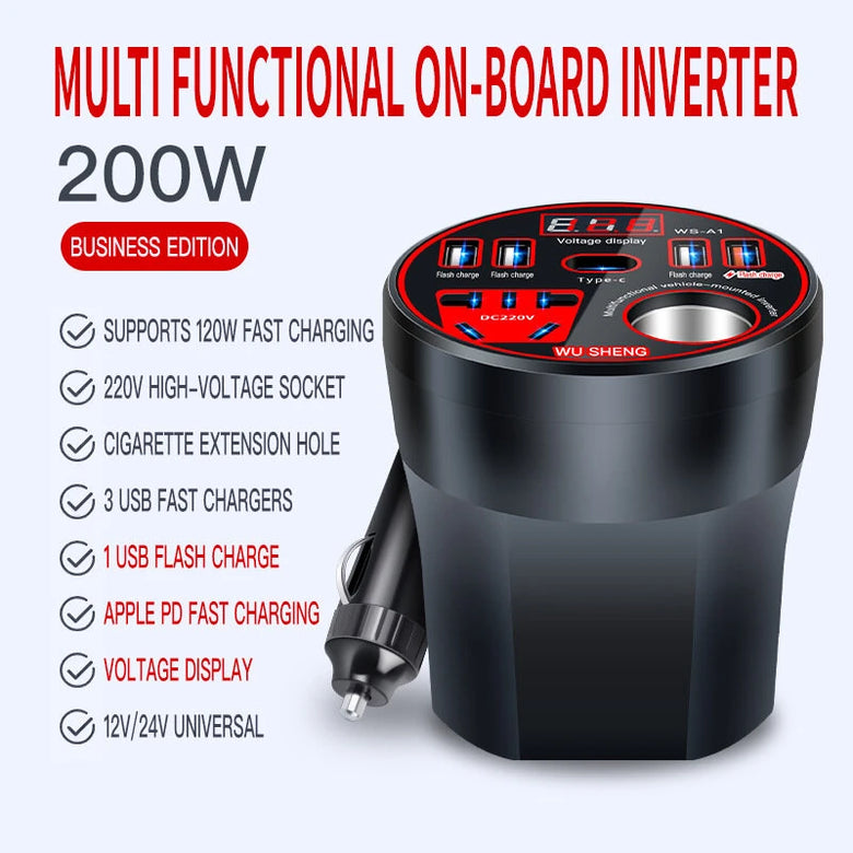 Car Inverter 12V 24V To 220V Power Converter 200W Multi-Function Car Socket Charger Mobile Phone Fast Charging with Digital Display