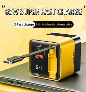 [GaN Tech] WEKOME WP-U39 65W 2-Port USB PD Charger USB-A+USB-C Built-in Telescopic Type-C Cable Fast Charging Wall Charger Adapter EU Plug US Plug for iPhone 16 15 14 13 Pro for Huawei Mate XT for Samsung Galaxy Z Fold6 for Xiaomi MIX Fold4