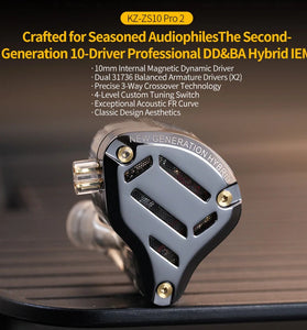 KZ ZS10 PRO 2 Earbuds 3.5mm Wired Earphone 10mm Internal Magnetic Dynamic Driver+Dual 31736 Balanced Armature Drivers HiFi 3-Way Crossover Technology 4-level Custom Tuning Switch Headphone Monitor In-ear Headphones