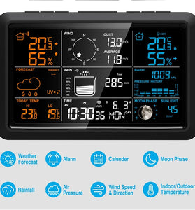 7.5" VA Tuya WiFi 5-in-1 Wireless Weather Station Auto Alarm Clock Temp-Humidity UV Sunlight Wind Rainfall Meter Solar Panel Forecast Sensor