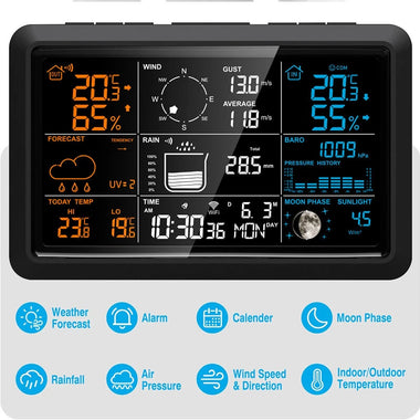 7.5" VA Tuya WiFi 5-in-1 Wireless Weather Station Auto Alarm Clock Temp-Humidity UV Sunlight Wind Rainfall Meter Solar Panel Forecast Sensor