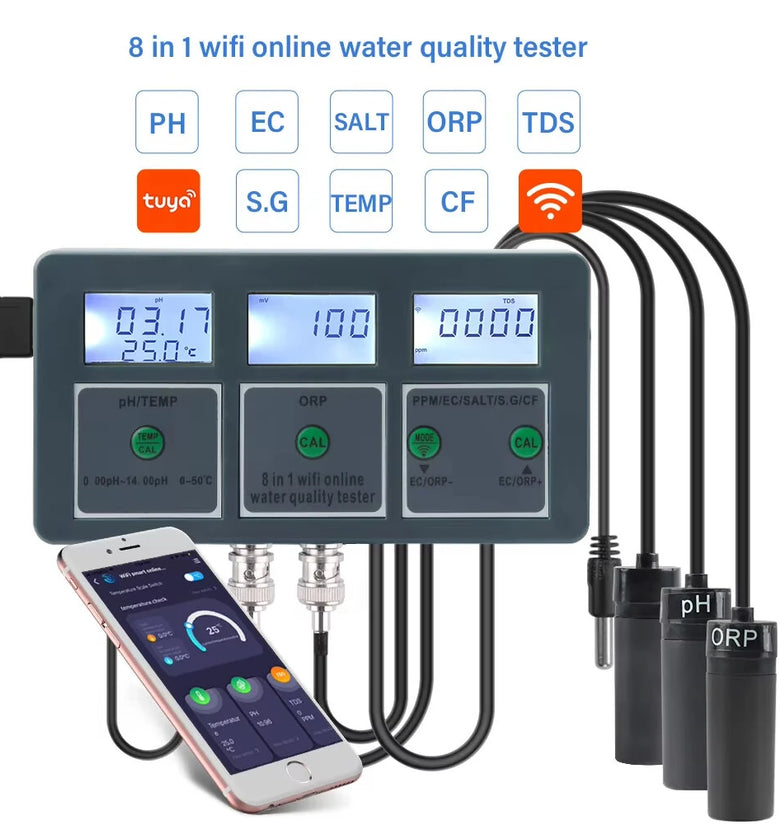 8 in 1 Tuya WiFi Smart PH Meter Data Logger Temp TDS Salinity S.G. EC ORP Water Tester Monitor Analyzer for Aquariums Pool Hydroponics