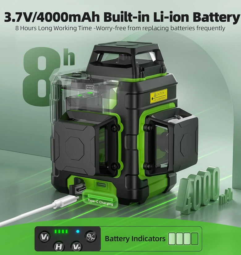 Huepar HM03CG Laser Level 3x360 Self Leveling Rechargeable Green Laser Cross Line 3D 12 lines Level Tool Magnetic Mount IP54
