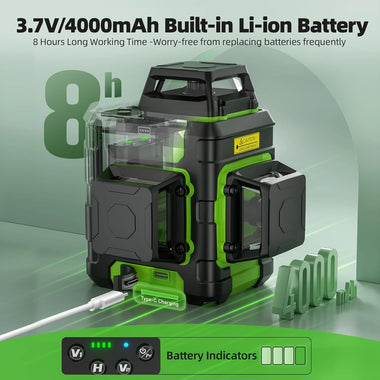Huepar HM03CG Laser Level 3x360 Self Leveling Rechargeable Green Laser Cross Line 3D 12 lines Level Tool Magnetic Mount IP54