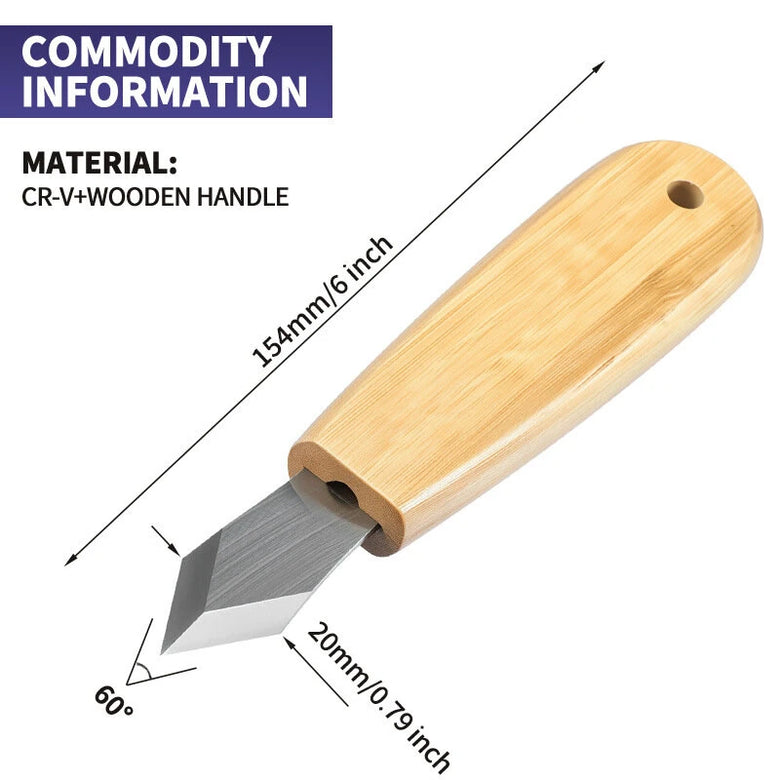 Wood Carving Knife CR-V Steel Blade 60 Angle 154mm Total Length Ergonomic Wooden Handle Woodworking Tool