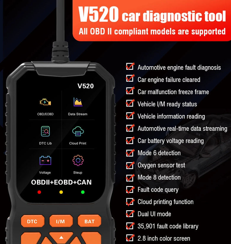 V520 2.8 Inches Screen Professional Car Diagnostic Scanner Full OBD2 Car Scanner Diagnostic Scan Tool Automotive Engine Fault Diagnosis