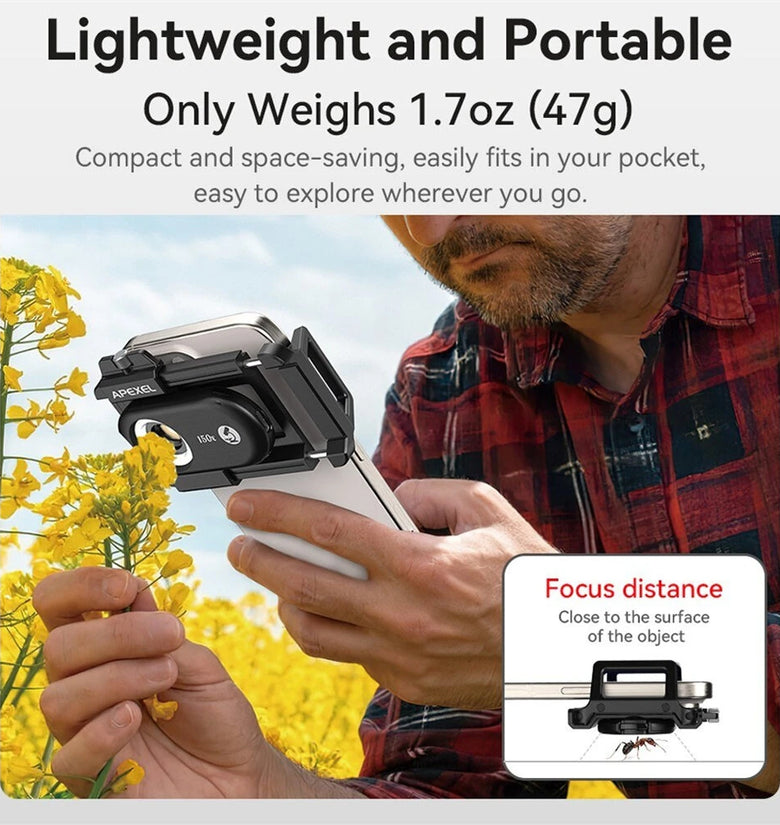 APEXEL 3in1 100X/150X/200X Mobile Phone Microscope Lens Macro Magnifier Kits High Magnification CPL Polarized Lenses 12 LED Adjustable Modes  6 Ultraviolet Lights