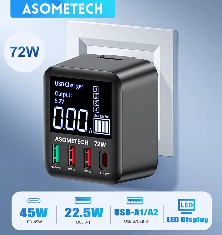 [GaN Tech] WLX-A9T 72W 4-Port USB PD Charger 3USB-A+USB-C PD3.0 QC3.0 AFC FCP SCP PPS Fast Charging LED Dislay Wall Charger Adapter EU Plug US Plug for iPhone 16 16 Pro 15 14 13 Pro Max for Huawei Pura X for Xiaomi 15pro