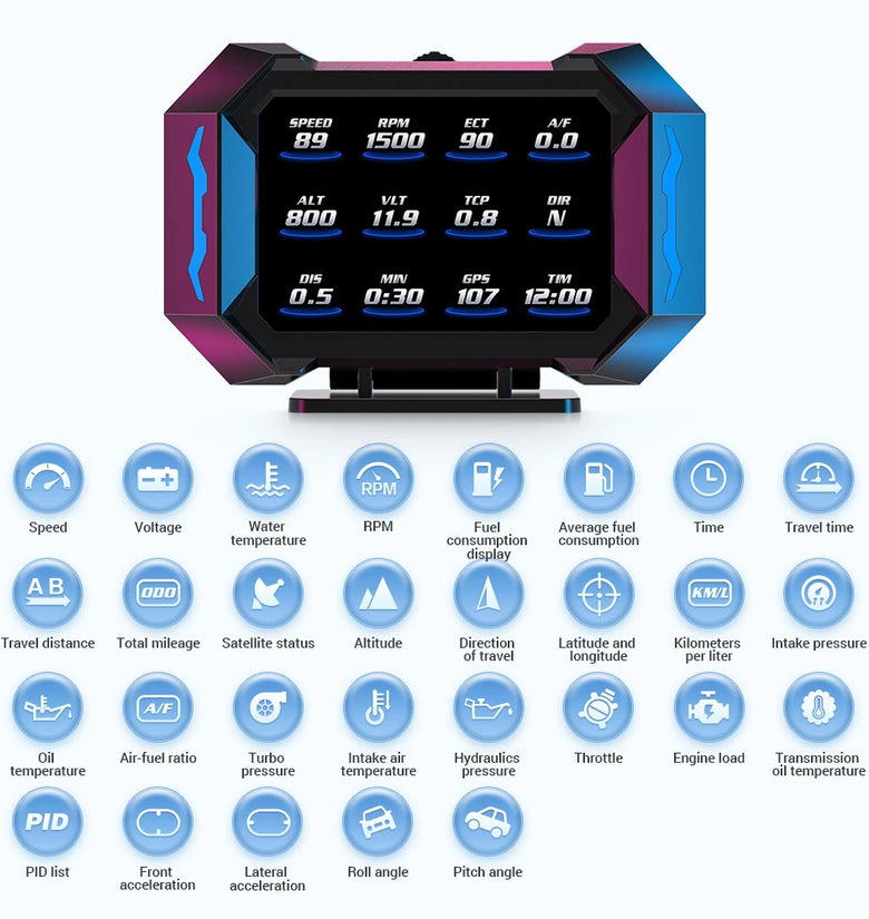 P25 Car HUD Head-up Display LCD OBD Multifunctional Incline Meter  Displaying Car Speed  Water Temperature  Fuel Consumption