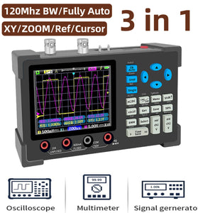 3 in1 Digital Oscilloscope Multimeter Signal Generator 120MHz IPS Display Dual Channel FFT Zoom Mode Portable Testing Tool