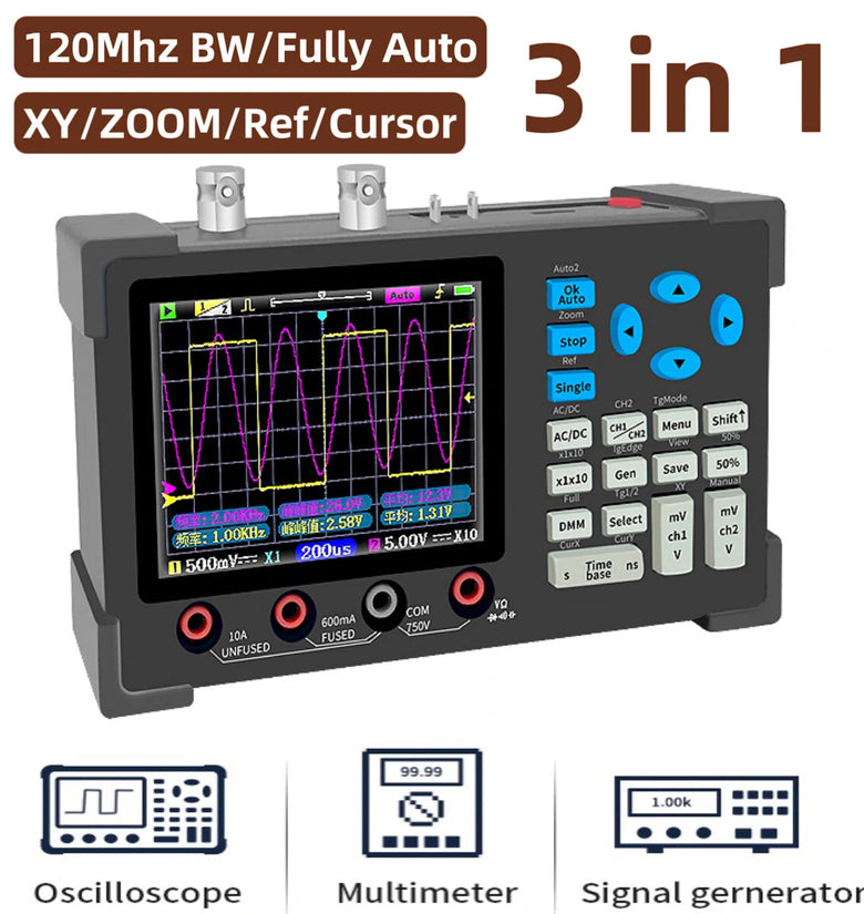 3 in1 Digital Oscilloscope Multimeter Signal Generator 120MHz IPS Display Dual Channel FFT Zoom Mode Portable Testing Tool