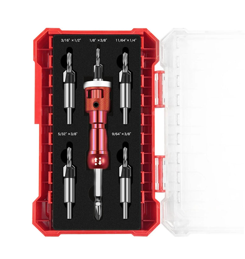 Woodworking Step Drill Bit Countersink Drill Bit with Adjustable Depth Stop 82 Degree Carbide Tipped with Replaceable Pilot Drill Bit1/4