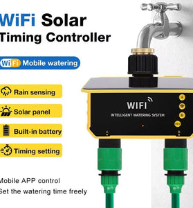 Smart WiFi Solar Irrigation Controller Dual Outlet Automatic Watering Timer Rain Sensor App Remote Control Garden Lawn Pool Sprinkler System 2CH IPX5