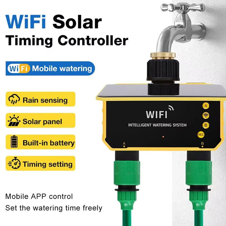 Smart WiFi Solar Irrigation Controller Dual Outlet Automatic Watering Timer Rain Sensor App Remote Control Garden Lawn Pool Sprinkler System 2CH IPX5