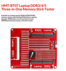 HMT-BT07 Laptop Memory Tester DDR3/DDR4/DDR5 3-In-1 LED Indicator Board Micro-USB 145x125mm 75.5g PCB/Open/Short Check