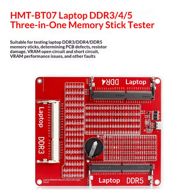 HMT-BT07 Laptop Memory Tester DDR3/DDR4/DDR5 3-In-1 LED Indicator Board Micro-USB 145x125mm 75.5g PCB/Open/Short Check