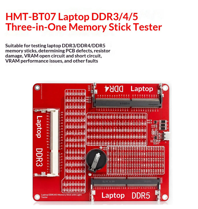 HMT-BT07 Laptop Memory Tester DDR3/DDR4/DDR5 3-In-1 LED Indicator Board Micro-USB 145x125mm 75.5g PCB/Open/Short Check