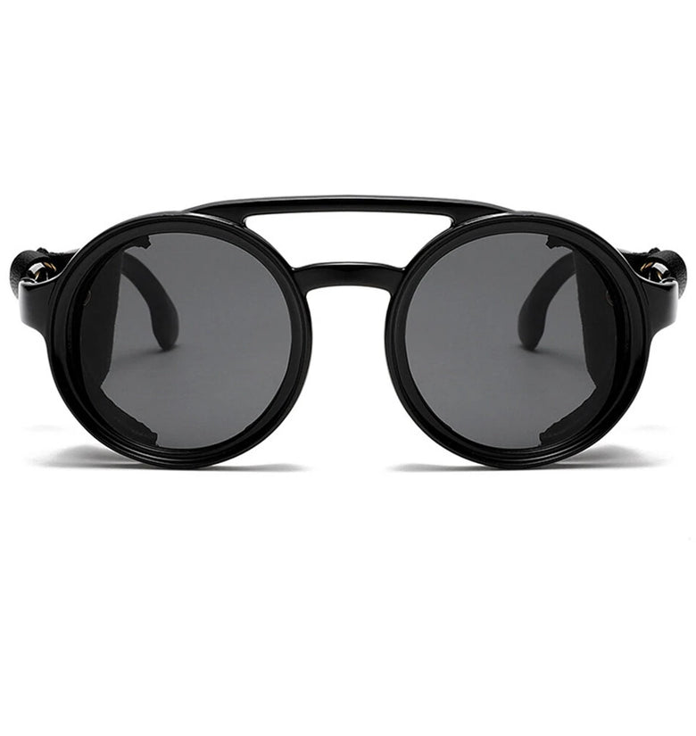 Fashion Punk Retro Polarized Round Sunglasses with Leather Strap Accents UV400 Protection Eyewear Glasses for Outdoor Travel Driving