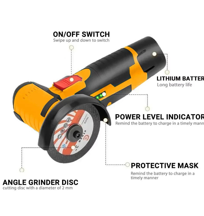 Brushless Motor 3 Inch Cordless Angle Grinder 550W High Power Grinding and Cutting Tool Rechargeable Lithium Battery Pack 19500 RPM Compact Design