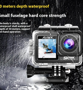 AUSEK 5K 30FPS Action Camera Dual Screen Outdoor Anti-Shake Action Camera HD Waterproof Helmet 1.4-Inch Front Screen 2.0-Inch Rear Screen Cycling Recorder