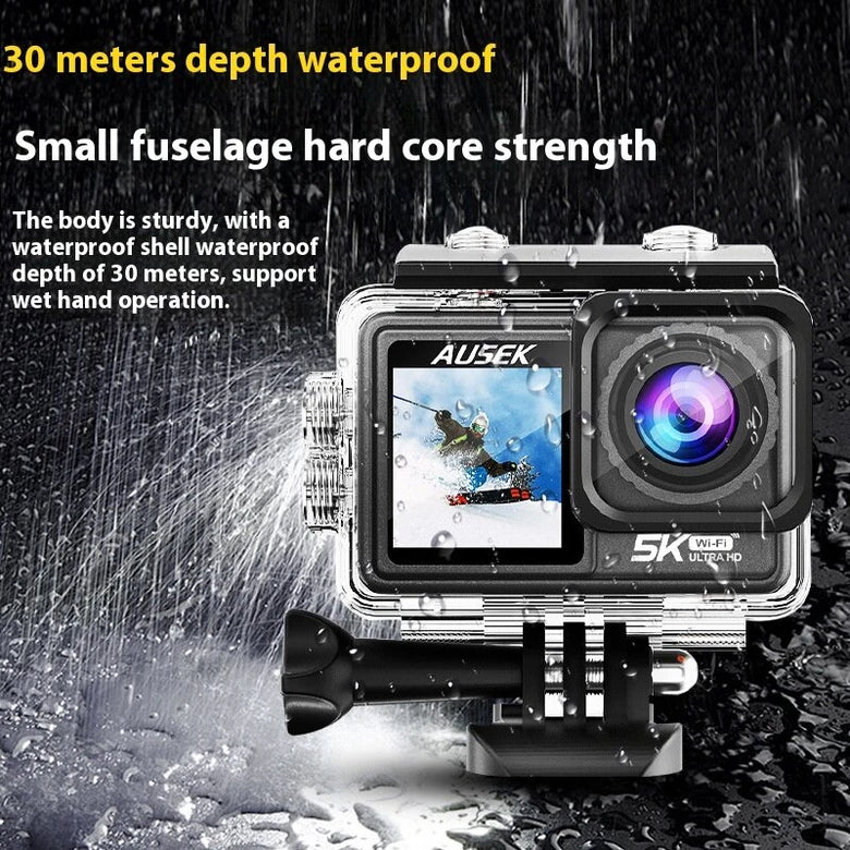 AUSEK 5K 30FPS Action Camera Dual Screen Outdoor Anti-Shake Action Camera HD Waterproof Helmet 1.4-Inch Front Screen 2.0-Inch Rear Screen Cycling Recorder