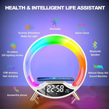 Multifunctional RGB LED Night Light Clock with Bluetooth Speaker Colorful Ambiance Lighting Wireless Charging Phone Fast Charging