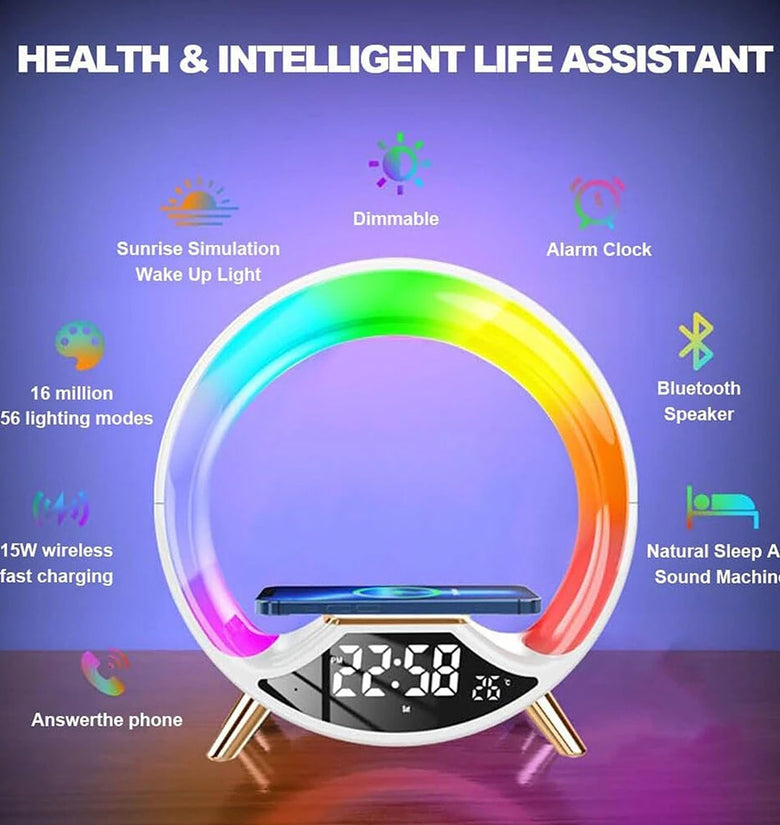 Multifunctional RGB LED Night Light Clock with Bluetooth Speaker Colorful Ambiance Lighting Wireless Charging Phone Fast Charging