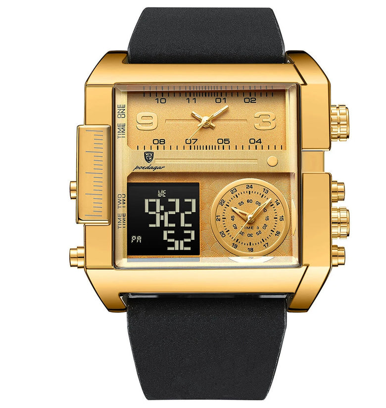 POEDAGAR Luxury Men Quartz Watch Fashion Rectangle Sport Watch Waterproof Multifunction Electronic Dual Display Wristwatch