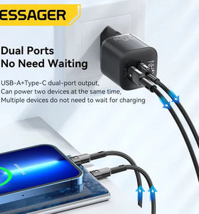 [GaN Tech] ESSAGER ES-CD31 20W 2-Port USB PD Charger USB-A+USB-C Fast Charging Wall Charger Adapter EU Plug US Plug for iPhone 16 16 Pro 15 14 13 Pro Max for Xiaomi 15 Ultra for Samsung Galaxy S25 Ultra for Huawei Pura X