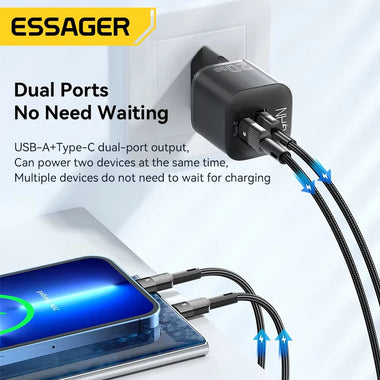 [GaN Tech] ESSAGER ES-CD31 20W 2-Port USB PD Charger USB-A+USB-C Fast Charging Wall Charger Adapter EU Plug US Plug for iPhone 16 16 Pro 15 14 13 Pro Max for Xiaomi 15 Ultra for Samsung Galaxy S25 Ultra for Huawei Pura X