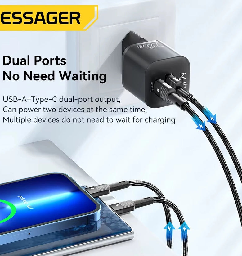 [GaN Tech] ESSAGER ES-CD31 20W 2-Port USB PD Charger USB-A+USB-C Fast Charging Wall Charger Adapter EU Plug US Plug for iPhone 16 16 Pro 15 14 13 Pro Max for Xiaomi 15 Ultra for Samsung Galaxy S25 Ultra for Huawei Pura X
