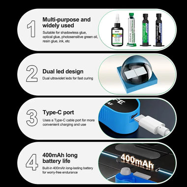 RELIFE RL-014F Mini Portable UV Curing Lamp Type-C Rechargeable Dual LED 395nm Fast Curing for UV Glue Phone Repair