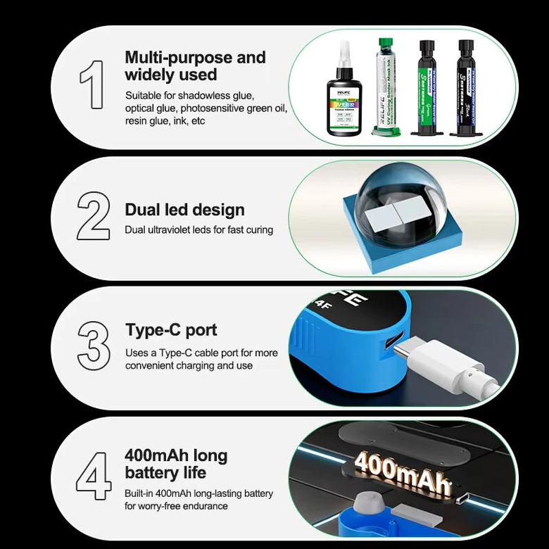 RELIFE RL-014F Mini Portable UV Curing Lamp Type-C Rechargeable Dual LED 395nm Fast Curing for UV Glue Phone Repair