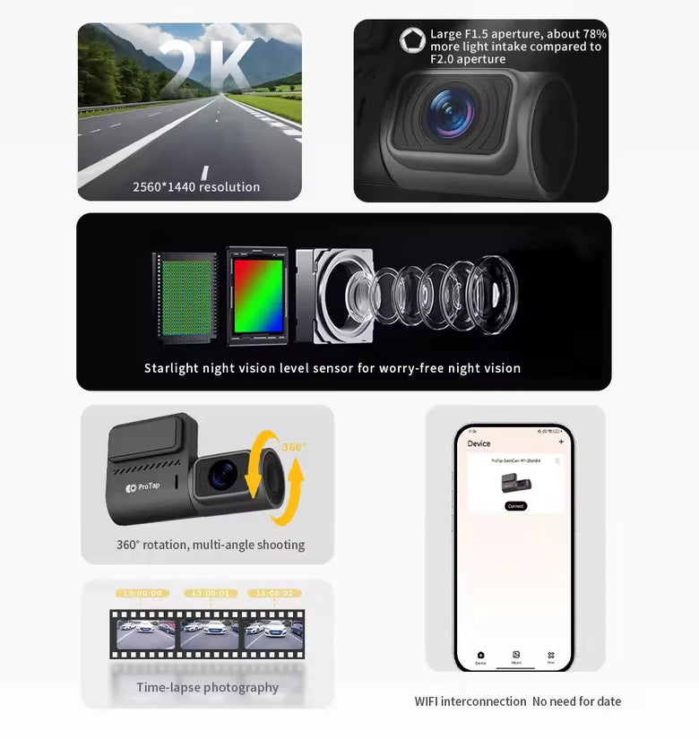 ProTap 4K Wifi GPS Dash Cam 24 Hours Parking Mode 360 Degree Camara Carro Night Vision DVR Dashcam Driving Recorder Car Vehicle Cameras