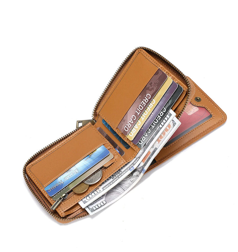 BULLCAPTAIN Retro Solid Cowhide Leather Zipper Men's Wallet Two-fold Money Clip RFID Multi-card Credit Holder