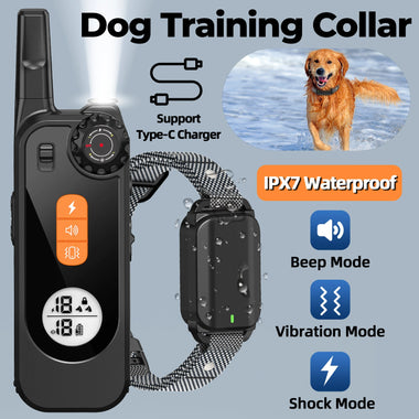 KT06 Electric Dog Training Collar with Remote Control Vibrator Pet Dog Bark Stop Shock Collar Beep Built-in Flashlight IPX7 Waterproof 2000FT Range USB Charging for All Sizes Dog Training Controller