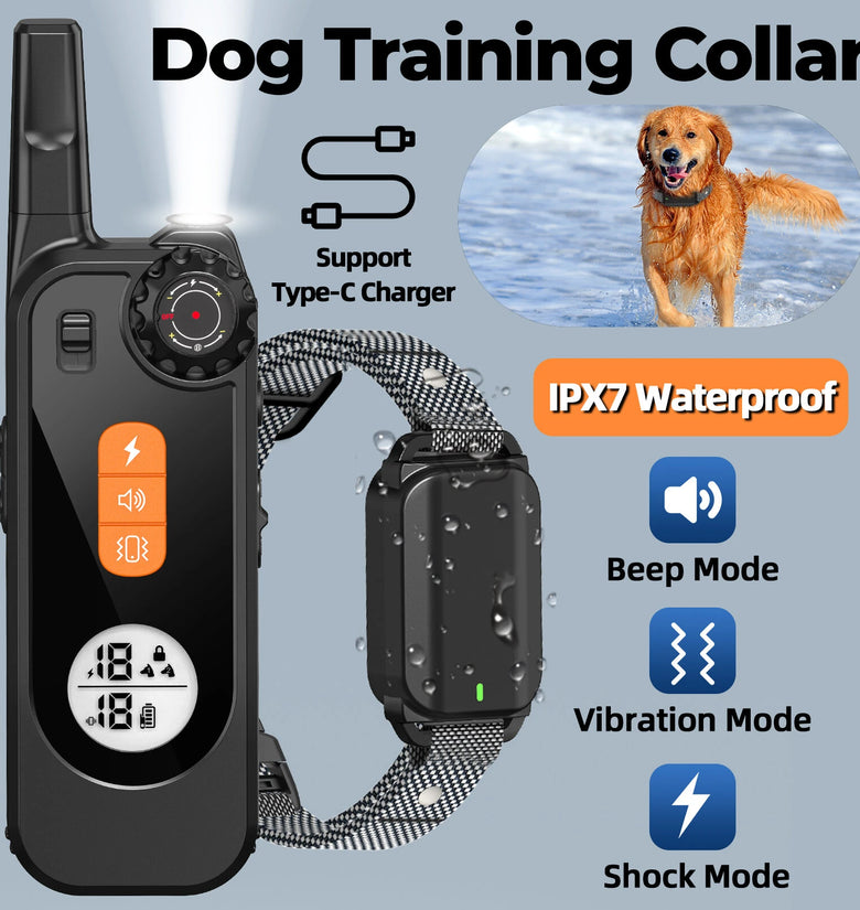 KT06 Electric Dog Training Collar with Remote Control Vibrator Pet Dog Bark Stop Shock Collar Beep Built-in Flashlight IPX7 Waterproof 2000FT Range USB Charging for All Sizes Dog Training Controller