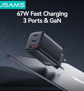 [GaN Tech] USAMS CC265 67W 3-Port USB Charger Dual USB-C+USB-A Fast Charging Wall Charger Adapter EU Plug for iPhone 17 17Pro 16 15 14 Pro Max for Huawei Mate XTs for SAMSUNG Galaxy Z Fold7 for OPPO for XIAOMI