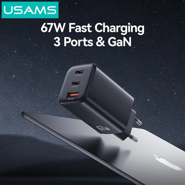 [GaN Tech] USAMS CC265 67W 3-Port USB Charger Dual USB-C+USB-A Fast Charging Wall Charger Adapter EU Plug for iPhone 17 17Pro 16 15 14 Pro Max for Huawei Mate XTs for SAMSUNG Galaxy Z Fold7 for OPPO for XIAOMI