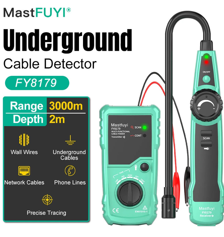 Fuyi FY8179 Underground Wire Cable Locator Analog Signal Adjustable Sensitivity 3000M Range 2M Depth Continuity Testing 9V Battery Powered Lightweight Tool