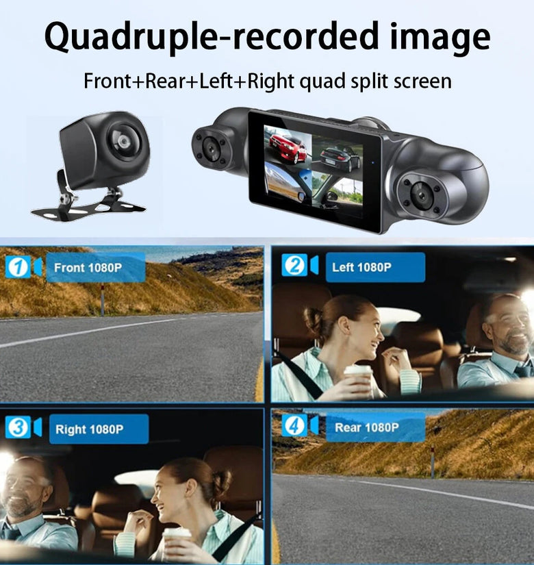 4 Channel 3-Inch IPS HD Dash Cam Night Vision Quad-Recording 1080P GPS Driving Recorder WiFi Connect Accident Recording Lock