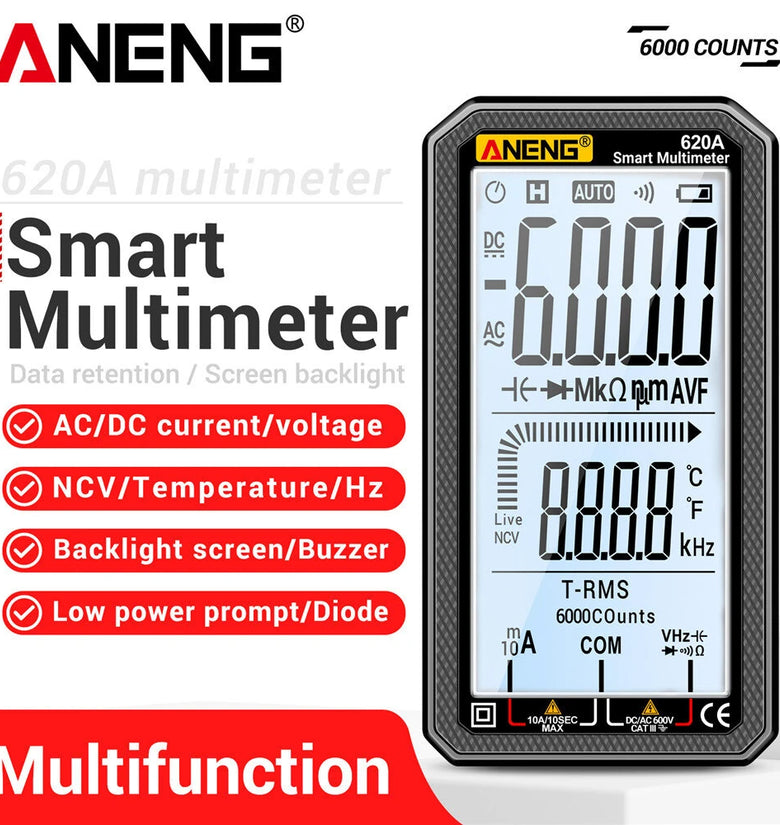 ANENG 620A Smart Multimeter 6000 Counts AC/DC Voltage Current Resistance Capacitance Frequency Temperature Non-Contact Voltage Detection Backlit LCD Screen Auto Power Off