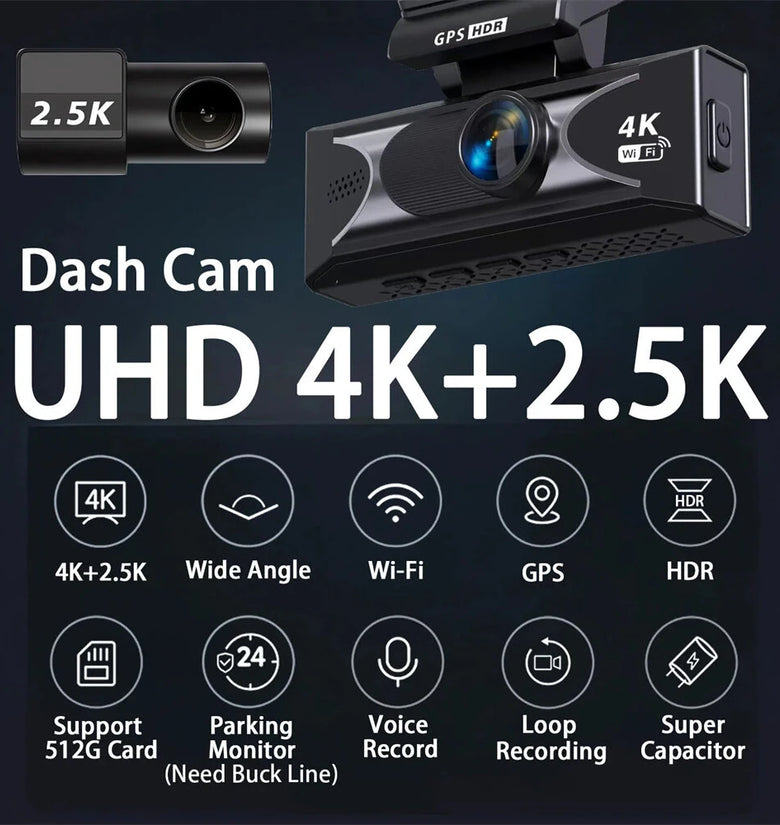 UHD 4K Dash Cam Dual Lens 3840x2160P AI Driver Assistance ADAS GPS WiFi Wide Angle Night Vision Car DVR Camera