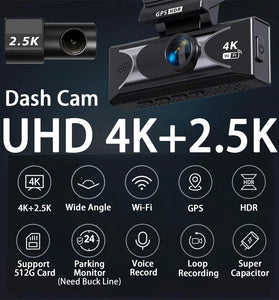 UHD 4K Dash Cam Dual Lens 3840x2160P AI Driver Assistance ADAS GPS WiFi Wide Angle Night Vision Car DVR Camera