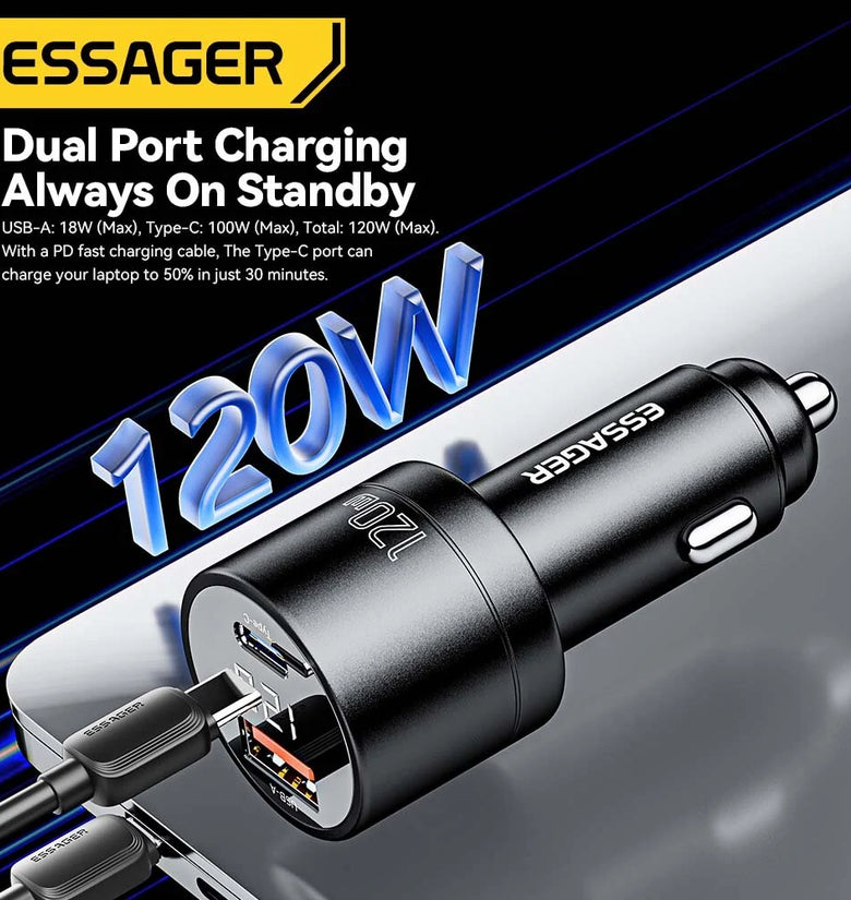 ESSAGER FSJ-009 120W 2-Port USB PD Car Charger Adapter 18W USB QC3.0 100W USB-C PD Fast Charging Digital Display for iPhone 15 15 Plus 15 Pro Max for Xiaomi Civi4 Pro for Huawei Pura 70 Ultra for Samsung Galaxy S24